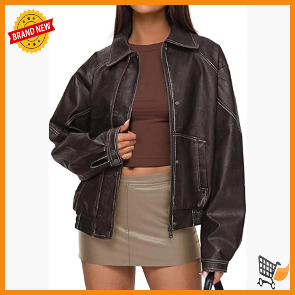 Oversized Faux Leather Bomber Jacket Women's Classic Fit Winter Coat